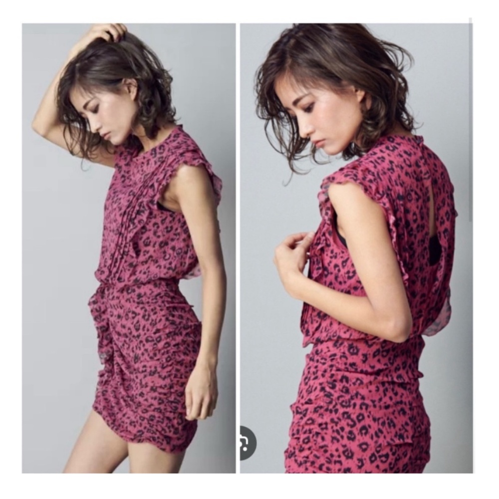 All Saints Pink Leopard Sleeveless Ruched Ruffled Chiffon Mini Dress Size 6